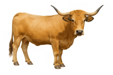 Brown cow with long horns standing on transparent background, livestock animal for dairy, meat, and farming industry