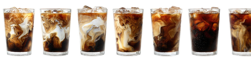 Iced coffee drinks in clear glasses, various milk froth levels