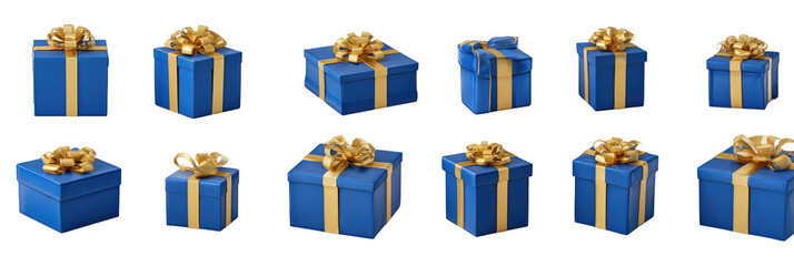 Twelve blue gift boxes with gold ribbons