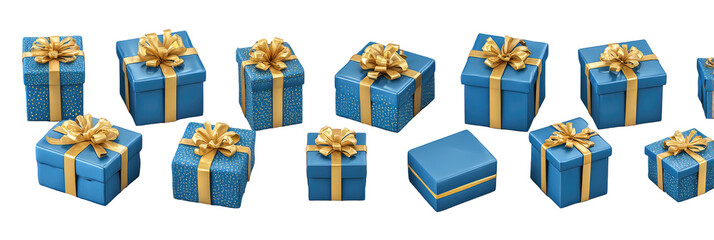 Many blue gift boxes with gold ribbons