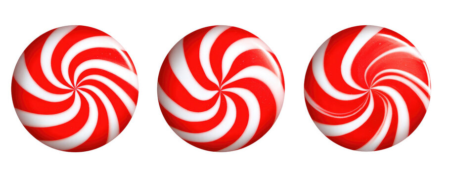 Three round, spiral-patterned candies in red and white