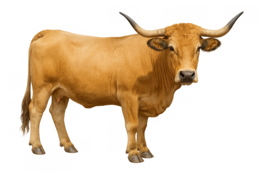 Brown cow with long horns standing on transparent background, livestock animal for dairy, meat, and farming industry