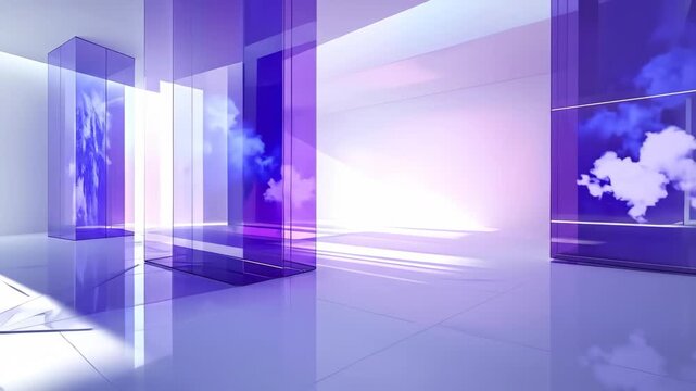 Abstract futuristic virtual studio with glowing purple displays and reflective surfaces.