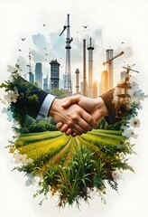 Handshake between business leaders with green agriculture and industry skyline, symbolizing sustainability