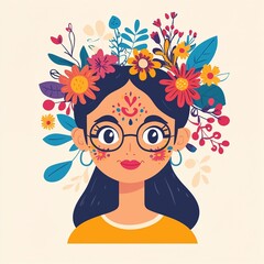 Young woman with flowers in hair and glasses smiling cheerfully  