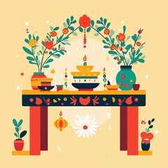 Colorful decorative table with plants and flowers in vibrant style  