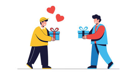 Cheerful men exchanging beautifully wrapped gifts, with hearts floating above, symbolizing friendship, gratitude, and thoughtful gestures.
