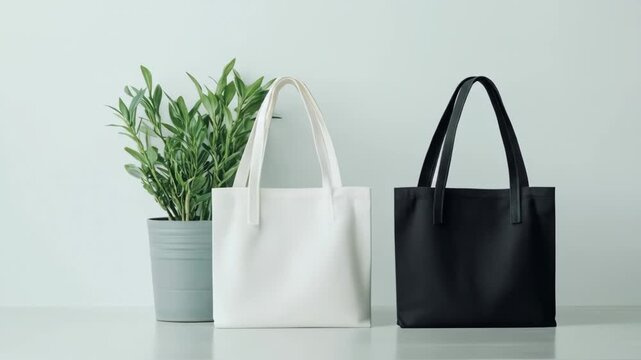 White and black tote bag mockup on grey background beside small tree