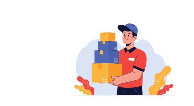 Friendly delivery man in a cap and uniform, smiling while confidently holding a tall stack of various packages for efficient shipment.