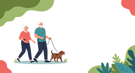 Content elderly couple enjoying a leisurely walk with their dog in a green park, promoting healthy aging and companionship.