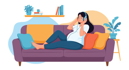 Relaxed pregnant woman comfortably lounging on a sofa, listening to music with headphones, enjoying a peaceful moment of self-care.