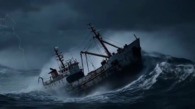 Vessel navigating rough seas dramatic stormy ocean scenery