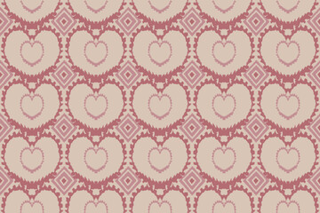 Pink heart-shaped ikat pattern with geometric diamond motifs on a beige background. Romantic textile combines traditional ikat weaving. ideal for Valentine’s prints, fabric, wallpaper, gift wrapping.