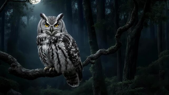 Mystical Owl in the Dark Forest Under Moonlight - A Nighttime Encounter.