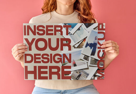 Horizontal Poster Design Mockup. A woman holds a blank poster in front of a pink background. 