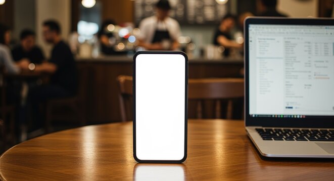 Smartphone with blank screen and laptop in coffee shop mobile phone cafe wooden table technology communication device digital