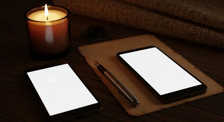 Cozy Workspace with Phones, Candle, and Fountain Pen smartphone mobile phone desk wooden surface warm light writing technology