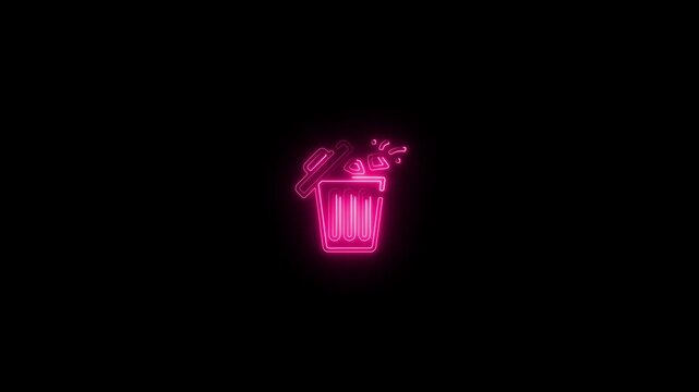 Abstract neon glowing trash icon. Trash bin icon, Delete icon , black outline, line icons video animation. Office trash icon.