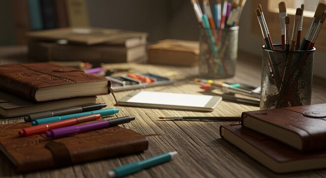 Artistic Workspace with Sketchbooks, Brushes and Markers notebook paintbrush art supplies desk creative design drawing