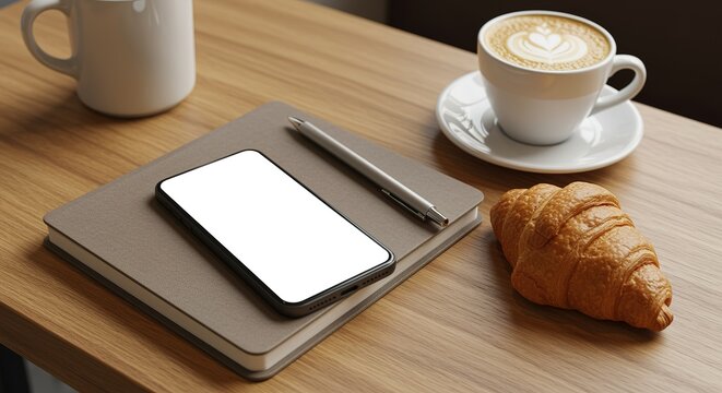 Breakfast with Coffee, Croissant, and Phone Mockup notebook desk table flat lay top view food drink cappuccino latte art