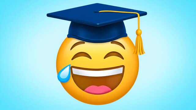 Smiling emoji with graduation cap on blue background for education