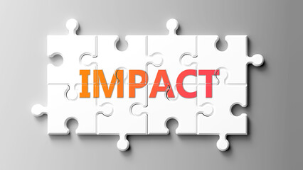 Impact complex like a puzzle - pictured as word impact on a puzzle pieces to show that impact is complex and needs cooperating pieces that fit together. ,3d illustration