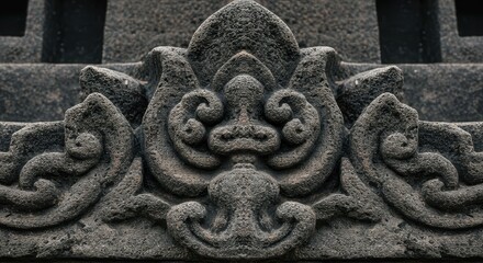 Intricate close up shot of traditional volcanic gray stone carving, showing textured details and weathered surface on an ancient temple wall structure, volcanic, island, abstract