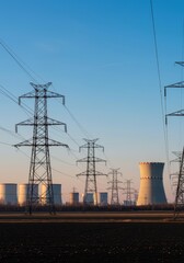 Vast energy infrastructure showing fuel source processing and high voltage transmission towers crossing the landscape for electrical grid distribution, industrial, infrastructure, electrical