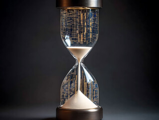 Elegant hourglass filled with sand, showcasing a mesmerizing digital cityscape within its glass.  Perfect for concepts of time, technology, data flow, and the future.