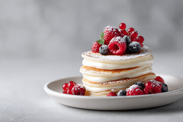 Delicious stack of pancakes topped with fresh berries and powdered sugar. Represents indulgence, breakfast, and healthy eating. Ideal for food blogs or recipes.