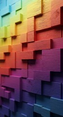 Vibrant Rainbow Colored Wooden Blocks Abstract Wall Art Textured Background Design.