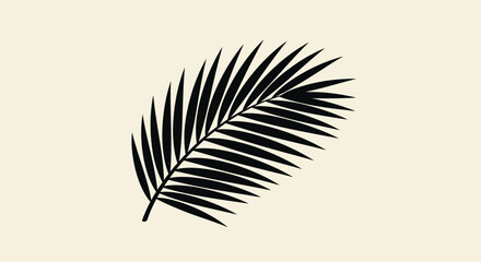 Black silhouette of a single palm leaf on a light beige background, minimalist tropical design element.