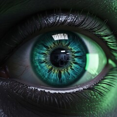 Macro closeup of a vibrant blue-green eye with intricate iris patterns.