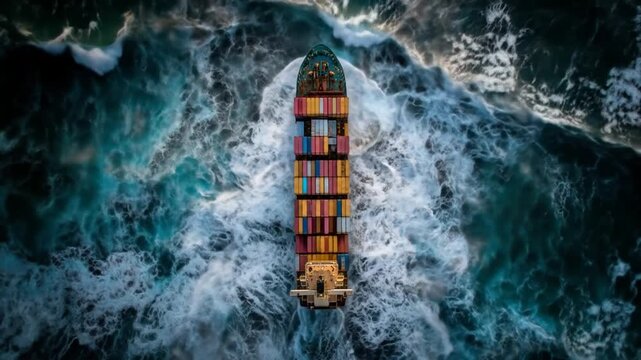 Aerial view of a large container cargo ship navigating through rough, turbulent ocean waves, symbolizing global trade and logistics.