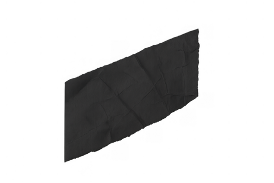 Black crumpled paper strip with ripped edges, abstract dark paper texture, transparent background