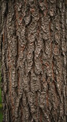 Obraz premium Detailed close-up image showing the rough, deeply furrowed, and textured bark of an old deciduous fruit tree trunk captured in an agricultural orchard setting, bark, botany, peach
