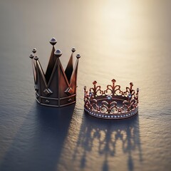 Two Majestic Crowns on Stone Surface Illuminated by Light Golden Glow Symbolizing Royalty.