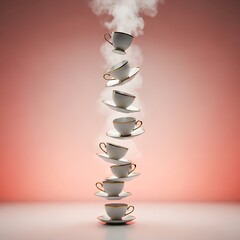 Stacked white teacups with rising steam against a vibrant gradient background perfect for beverage.