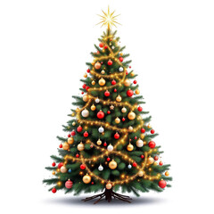 Fototapeta premium Decorated Christmas Tree PNG with Baubles, Lights and Golden Star in Festive Holiday Celebration Illustration Style