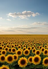 Obraz premium Glorious expansive agricultural landscape featuring vibrant yellow sunflower fields stretching to the distant horizon under the warm summer sky, tranquil, vast, beautiful