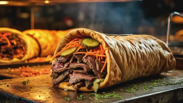 Freshly Prepared Shawarma with Beef, Pickled Cucumber, and Carrot on Rustic Wooden Tray with Steam