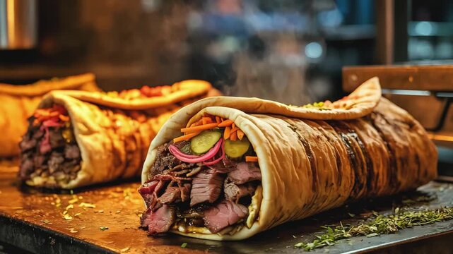 Freshly Prepared Shawarma with Beef, Pickled Cucumber, and Carrot on Rustic Wooden Tray with Steam