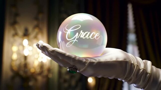Elegant hand holding a shimmering crystal ball inscribed with 'Grace' indoors