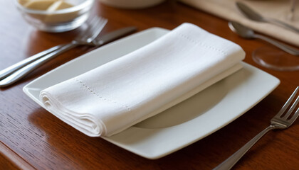 Close Up Christmas Table Setup Festive Napkins on Plates