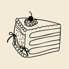 Whimsical outline cake illustration with bows and whipped cream. Hand drawn slice of cake in minimalist style. Vector illustration.
