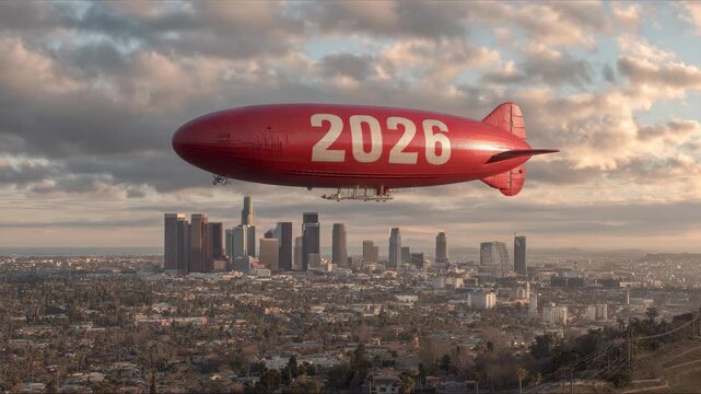 Red blimp displaying 2026 over urban skyline with cloudy sky