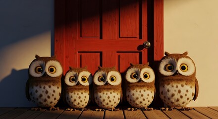 Adorable Brown Spotted Cartoon Owls Standing in a Row on Wooden Floor by Red Door Entrance.