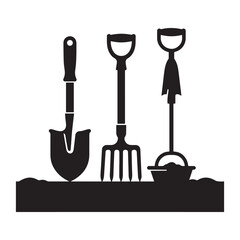Black vector silhouette set of garden tools and equipment icons including a shovel and spade for gardening design