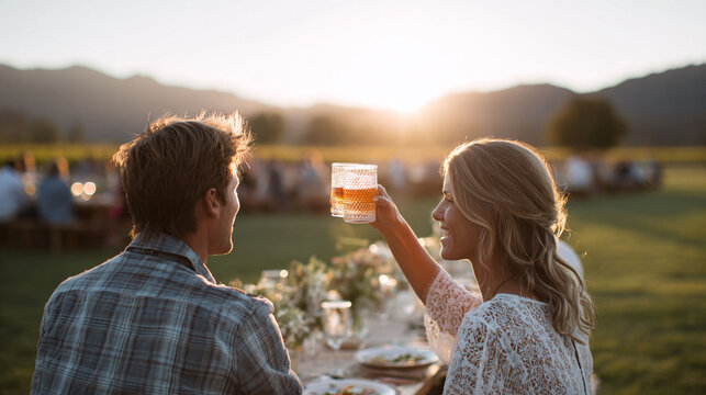 Outdoor celebration at sunset with a couple toasting. Golden light, relaxed atmosphere. Perfect for themes of love, lifestyle, gatherings, and special events.