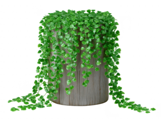 Trailing green vine plant cascading over rustic wooden stump, creating natural and fresh decorative accent for indoor or outdoor spaces, evoking peaceful and calming atmosphere